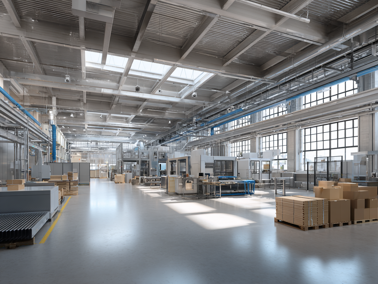 Modern manufacturing facility with acoustic treatment and organized production floor